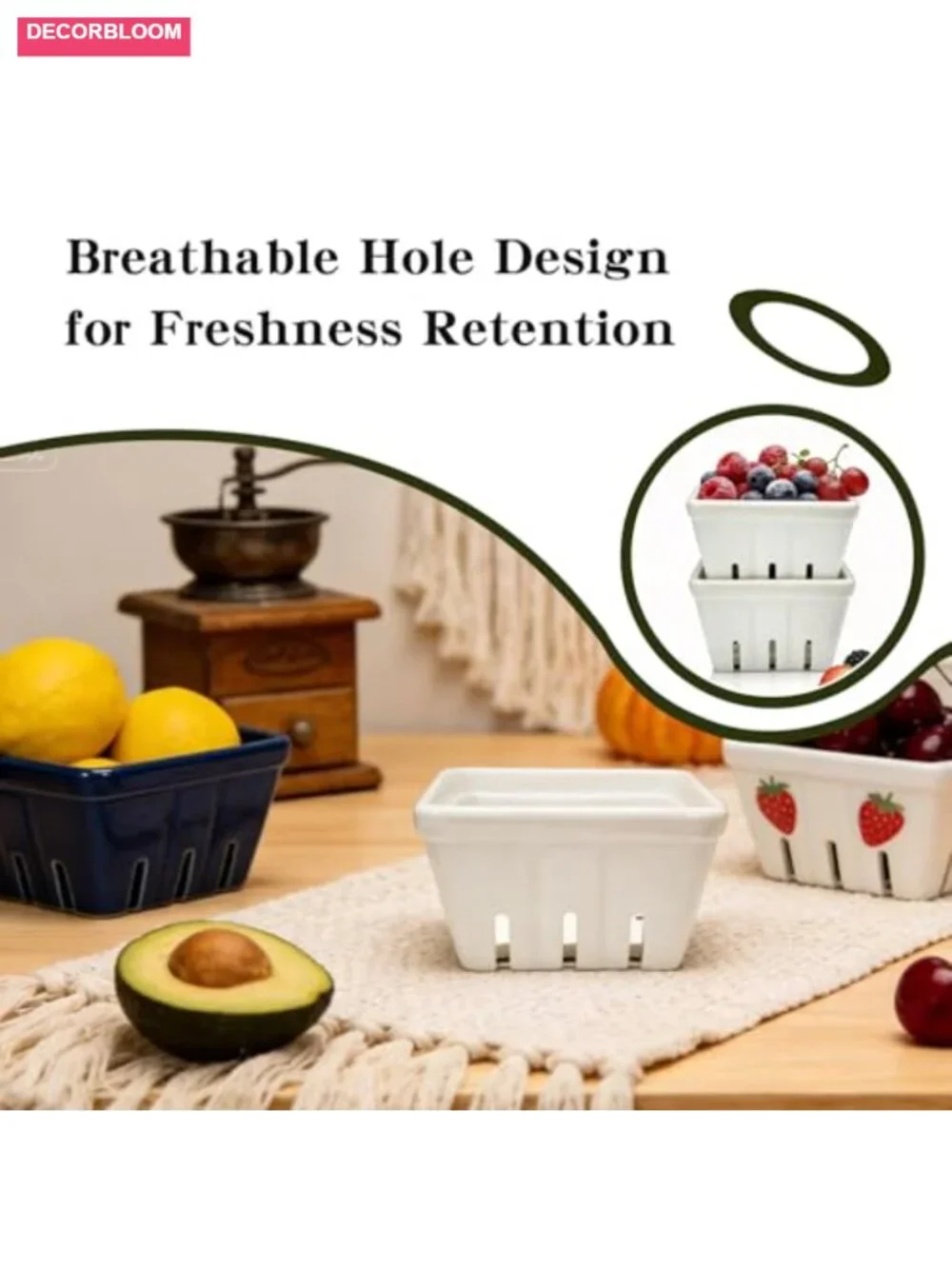 Set of 2 Ceramic Berry Baskets with Draining Holes - Fruit Bowl for Kitchen